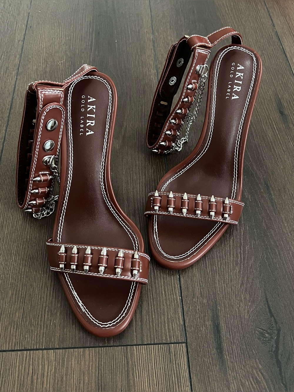 AKIRA Brown Studded Chain-Accent Open Toe Heels